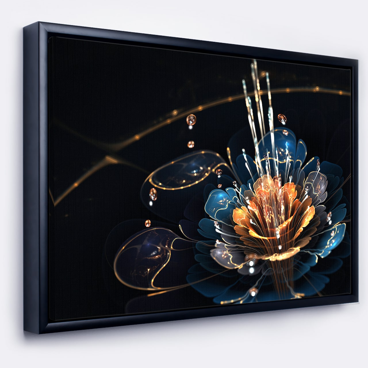 Designart - Orange Blue Flower with Water Drops - Floral Art Framed Canvas Print